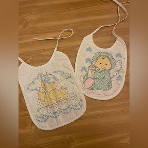 Lot Of 2 Vintage Fake Embroidery Baby Bibs Westex Duck And Angel Baby
